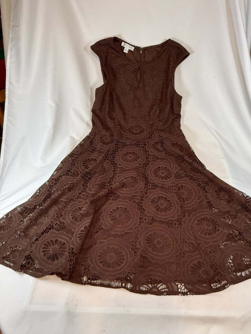 London Times Womens Dress Size 12 Brown Lace Sleeveless Flare Feminine Cottageco